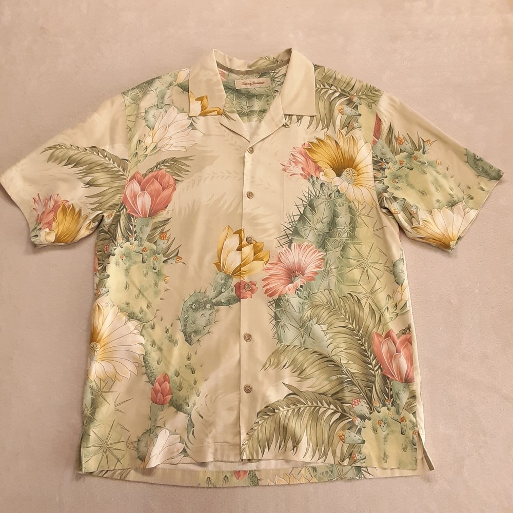 Tommy Bahama Mens Camp Collar Hawaiian Silk Shirt L Beige Cactus Floral Print